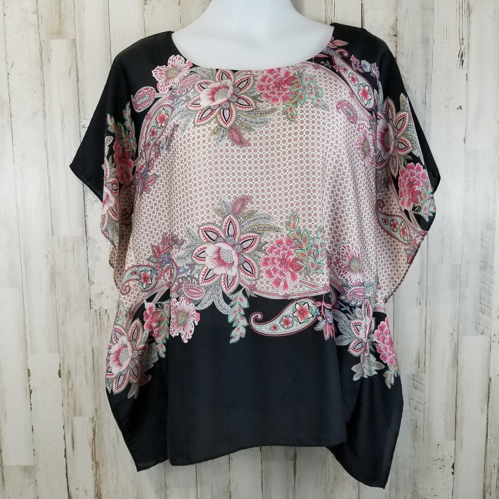 Jacqueline Riu Womens Top 2 38-40 Black Pink Floral Silky Y17